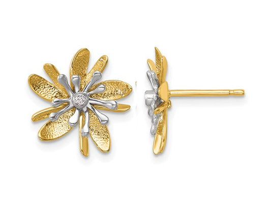 14K Yellow Gold Flower Post Earrings with Accent Diamonds