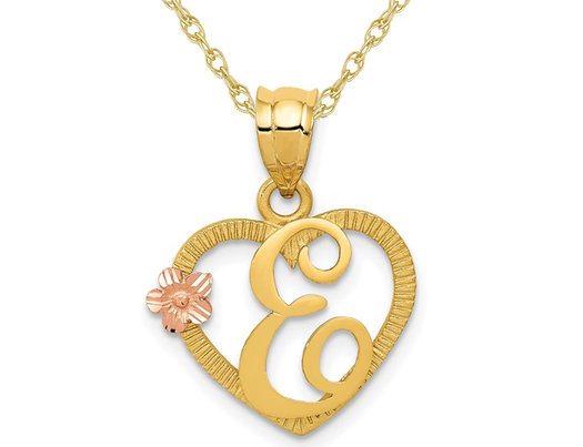 14K Yellow Gold Initial -E- Heart Necklace Pendant Charm with Chain