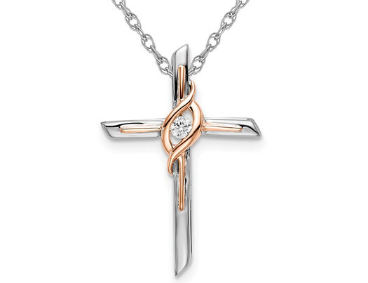 10K White and Rose Gold Cross Pendant Necklace in with Chain and Diamond Accent
