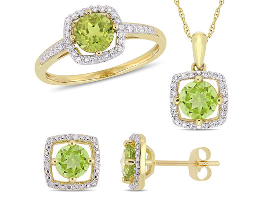 2.96 Carat (ctw) Peridot Heart Ring, Pendant and Earrings Set in 10K Yellow Gold