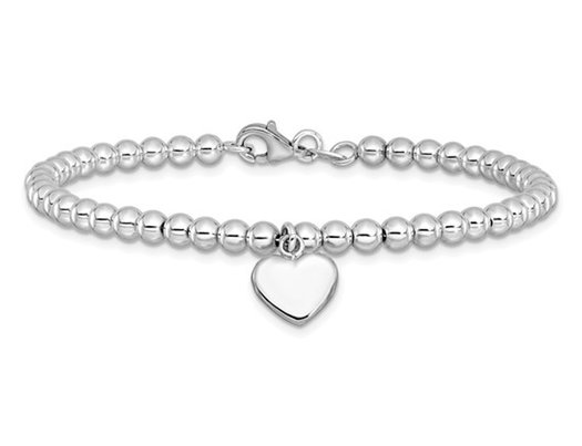 Beaded Sterling Silver Toggle Heart Charm Bracelet (7.5 Inches)