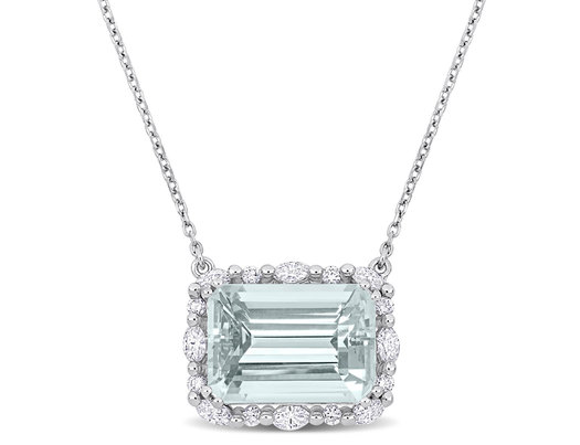 5.00 Carat (ctw) Aquamarine Halo Pendant Necklace in 14K White Gold with Chain and Diamonds