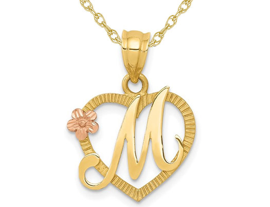 14K Yellow Gold Initial -M- Heart Necklace Pendant Charm with Chain
