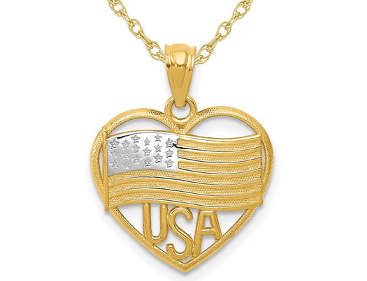 14K Yellow Gold Heart Shaped American Flag USA Charm Pendant Necklace with Chain
