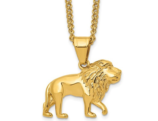 Yellow Stainless Steel Lion Head Charm Pendant Necklace with Chain (24 Inches)