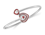 Sterling Silver Heart Flexible Cuff Bangle Bracelet with Red Enamel and Cubic Zirconias