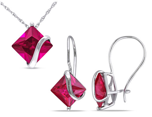 7.28 Carat (ctw) Lab Created Ruby Earrings and Pendant Necklace Set in 10K White Gold