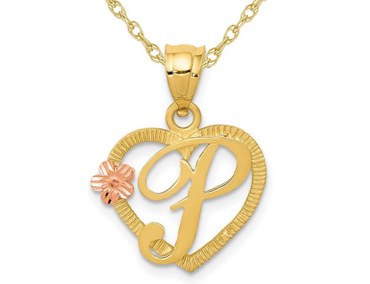 14K Yellow Gold Initial -P- Heart Necklace Pendant Charm with Chain