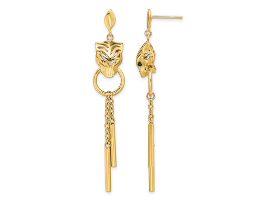 14K Yellow Gold Tiger Animal Dangle Earrings 