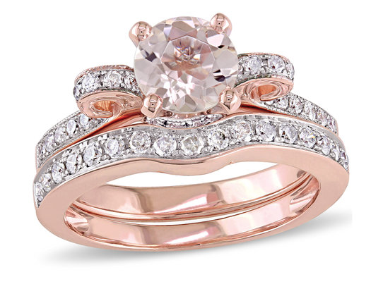 4/5 Carat (ctw) Morganite and Diamond Engagement Ring Bridal Wedding Set 14K Pink Gold