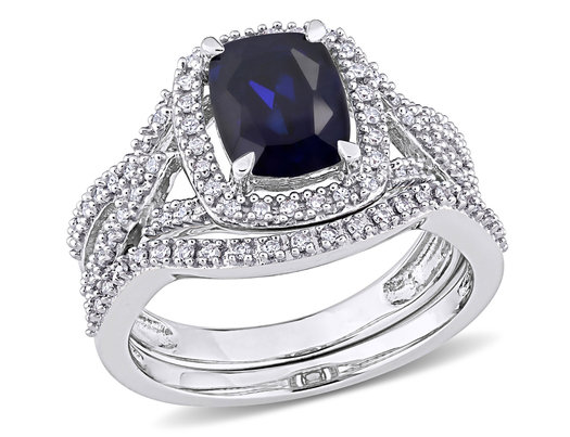 2.20 Carat (ctw) Lab-Created Blue Sapphire with Diamonds Bridal Wedding Set Engagement Ring 10K White Gold
