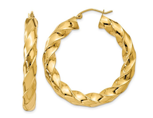 14K Yellow Gold Twist Hoop Earrings 1 1/2 Inch (5.00 mm)
