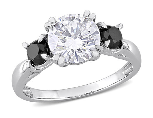 1.85 Carat (ctw) Lab-Created Three-Stone Moissanite Engagement Ring in 10K White Gold with Black Diamonds