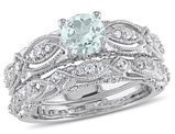 1.40 Carat (ctw) Aquamarine and Lab-Created White Sapphire with Diamonds Bridal Wedding Set Engagement Ring 10K White Gold