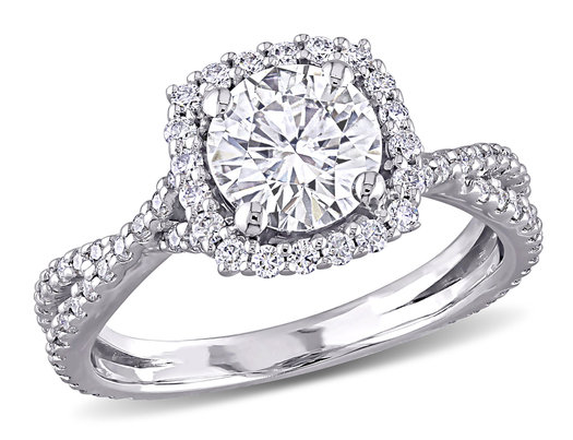 1.45 Carat (ctw) Lab-Created Crossover Halo Moissanite Engagement Ring in 10K White Gold