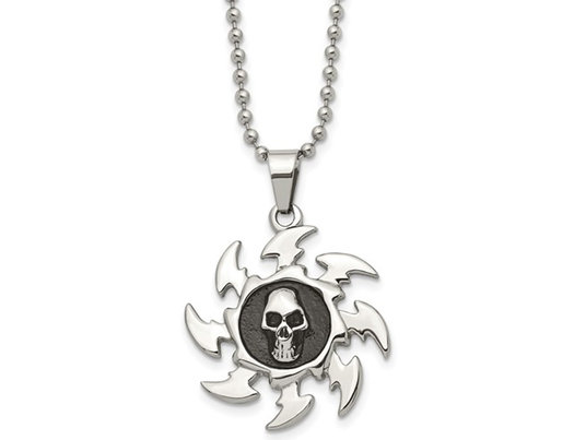 Stainless Steel Antiqued and Polished Skull on Saw Blade Pendant  Necklace with Chain (24 Inche)