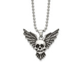 Stainless Steel Antiqued and Polished Skull with Wings Pendant Necklace with Chain (22 Inches)