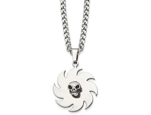 Stainless Steel Polished Skull on Saw Blade Pendant Necklace with Chain (24 Inches)