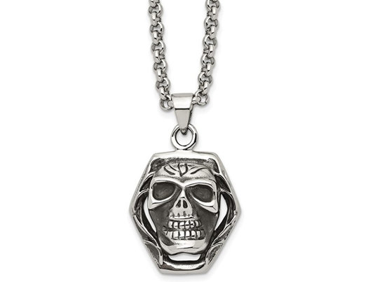 Stainless Steel Antiqued and Polished Skull Pendant Necklace with Chain (24 Inches)