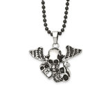 Stainless Steel Antiqued and Polished Skulls with Wings Pendant Necklace with Chain (24 Inches)