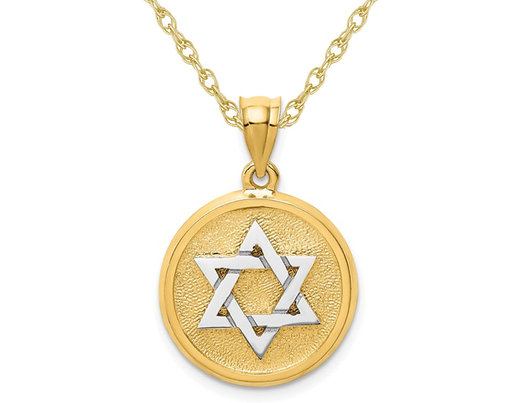 14K Yellow Gold Star of David Disc Charm Pendant Necklace with Chain