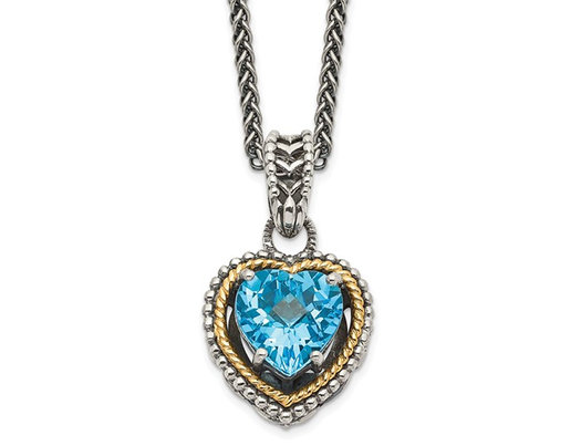 2.88 Carat (ctw) Swiss Blue Topaz Heart Pendant Necklace in Antiqued Sterling Silver with Chain