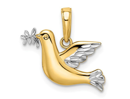 14K Yellow and White Gold Dove and Olive Branch Charm Pendant (NO CHAIN)