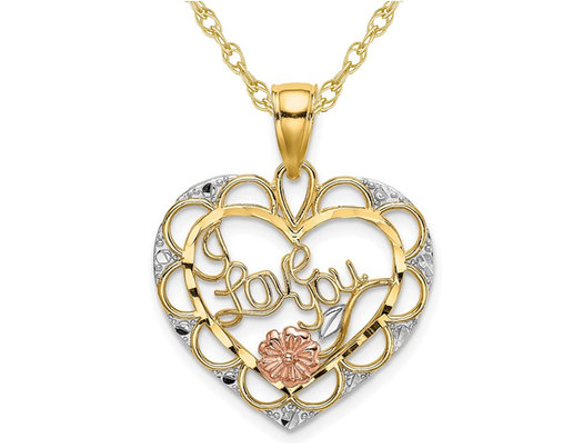 14K Yellow and Rose Gold I LOVE YOU Heart Charm Pendant Necklace with Chain