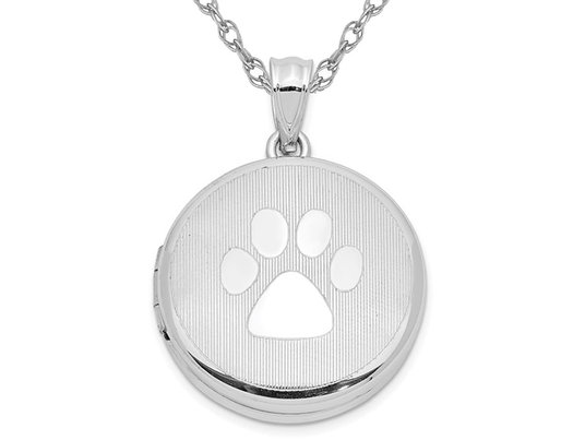 Sterling Silver Grooved Pawprint Round Locket Pendant Necklace with Chain