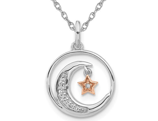 Sterling Silver Moon and Star Charm Pendant Necklace with Chain and Accent Diamonds