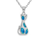 Sterling Silver Feline Cat Pendant Necklace with Chain and Lab-Created Opals