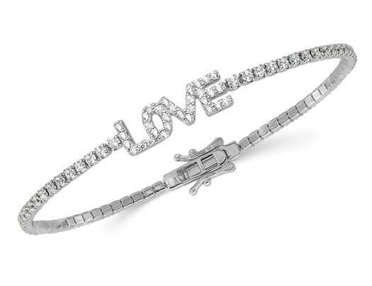 Sterling Silver Polished LOVE Bangle Bracelet with Synthetic Cubic Zirconias
