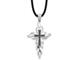 Sterling Silver Cross Pendant Necklace with Black Accent Diamonds and Cord