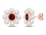 3.5-4mm Cultured Freshwater Pearl Flower Button Earrings in 10K Rose Gold with 1.20 Carat (ctw) Garnet