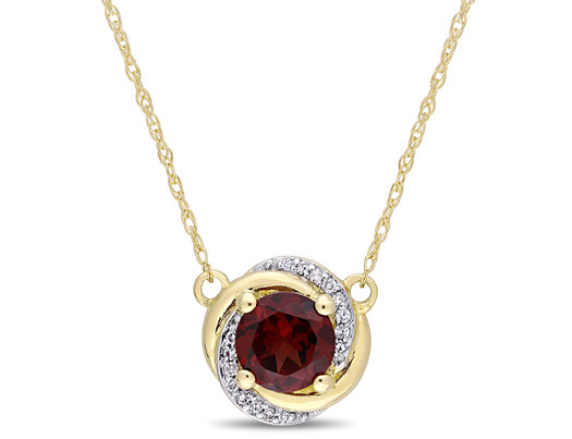 1.00 Carat (ctw) Garnet Swirl Pendant Necklace in 10K Yellow Gold with Chain and Diamonds