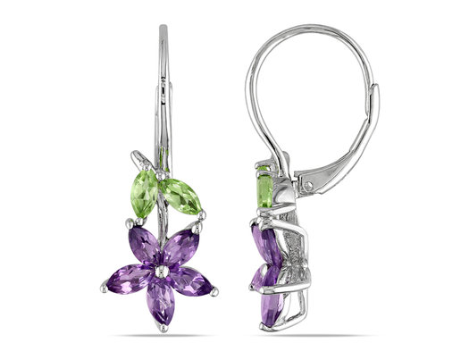 1.84 Carat (ctw) Amethyst & Peridot Flower Dangle Earrings in Sterling Silver