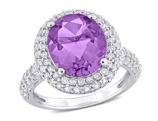 5.30 Carat (ctw) Amethyst & White Topaz Double Halo Ring in Sterling Silver