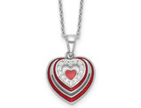 Sterling Silver Heart Pendant Necklace with Cubic Zirconias and Red Enamel with Chain
