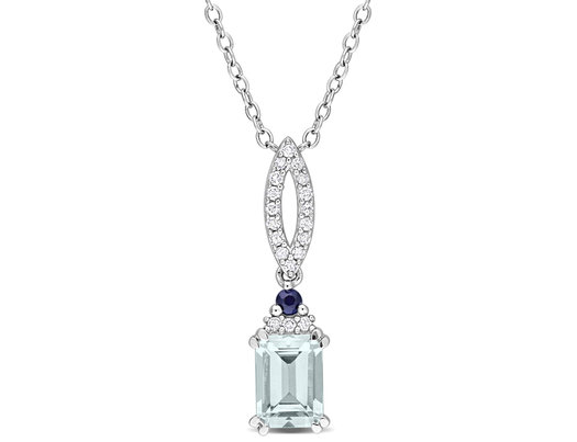 1.00 Carat (ctw) Aquamarine and Blue Sapphire Pendant Necklace in Sterling Silver with Chain