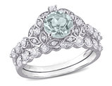 1.84 Carat (ctw) Aquamarine and White Topaz Engagement Ring & Wedding Band Set with Accent Diamonds 10K White Gold