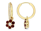 1.24 Carat (ctw) Garnet and White Topaz Flower Hoops Earrings in 10K Yellow Gold