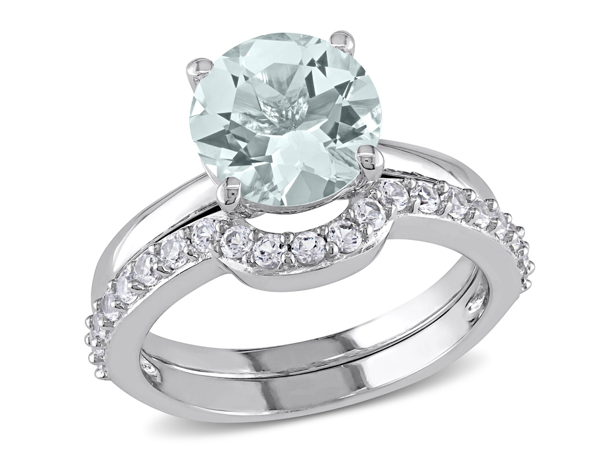 Pre-owned Harmony 2.00 Carat (ctw) Aquamarine And Lab-created White Sapphire Ring Set 10k Gold