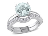 2.00 Carat (ctw) Aquamarine and Lab-Created White Sapphire with Diamonds Bridal Wedding Set Engagement Ring 10K White Gold