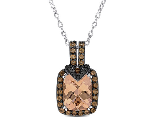 3.25 carat (ctw) Morganite Pendant Necklace in Sterling Silver with chain and Black Diamonds