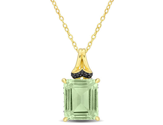 5.64 Carat (ctw) Green Quartz and Black Sapphire Pendant Necklace Yellow Plated Sterling Silver with Chain