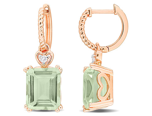 6.45 Carat (ctw) Green Quartz and White Topaz Dangle Earrings in Rose Sterling Silver