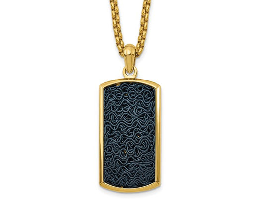 Men's Black Wire Inlay Dog Tag Pendant Necklace in Yellow Stainless Steel with Chain