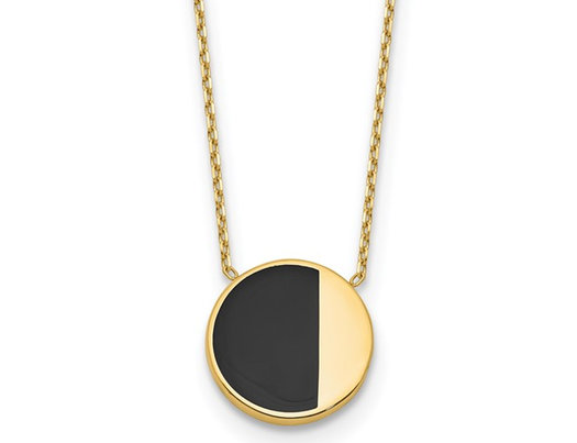 14K Yellow Gold Circle Pendant Necklace with Black Enamel and Chain (17 Inches)