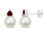 8-8.5 mm Cultured Freshwater Pearl Earrings with Garnets in 10K White Gold
