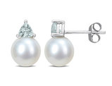 8-8.5 mm Cultured Freshwater Pearl Earrings with Aquamarines 10K White Gold